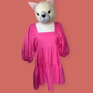 🦩 NWT PUFF SLEEVE POCKETS TIERED SWING DRESS A NEW DAY BARBIE PINK MEDIUM